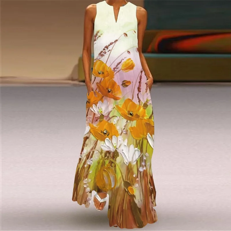 2022 hot sale Dress Fashion V Neck Women Beach Long Dress With Bohemian Long Dresses Slip