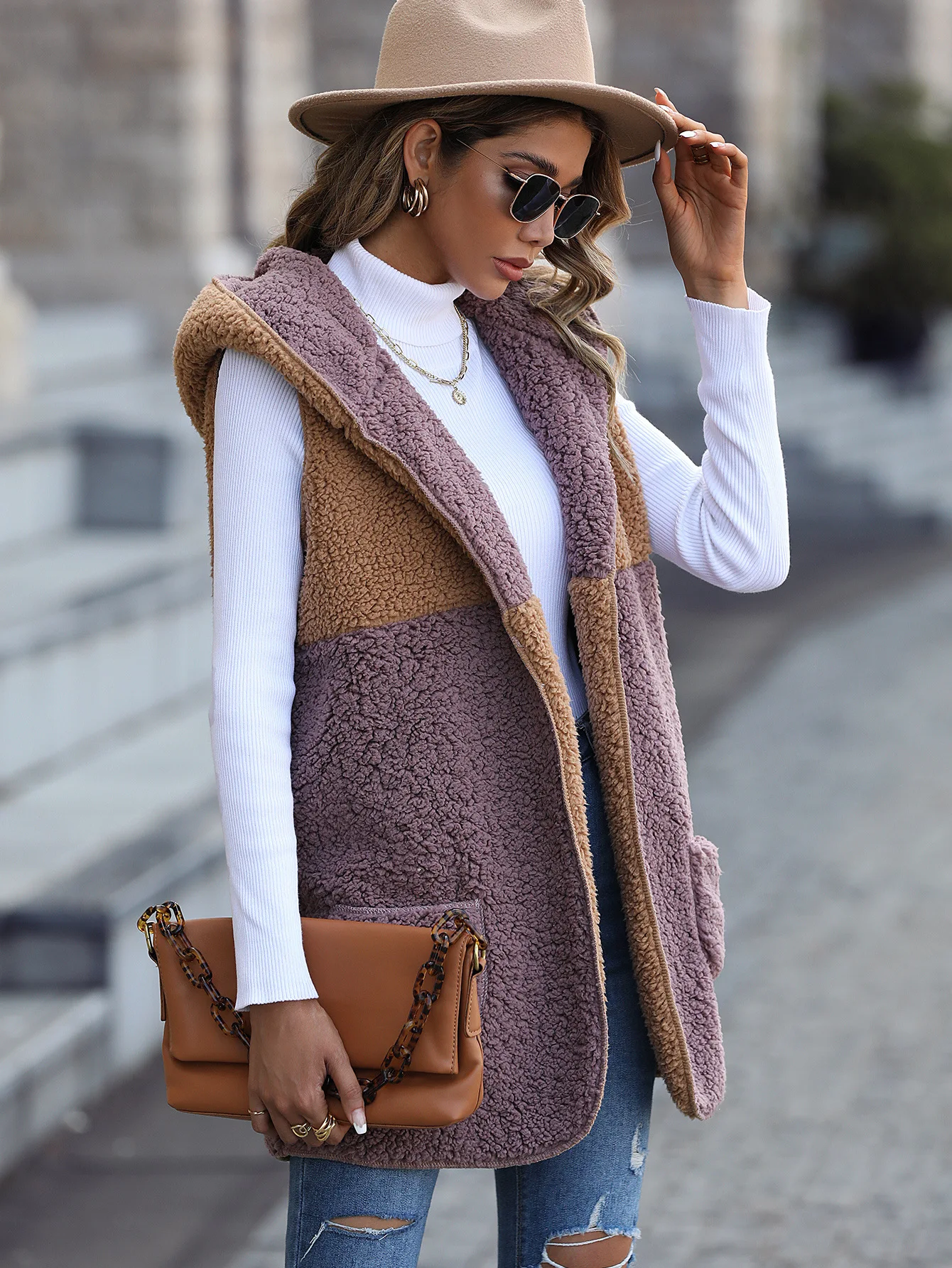 Wholesale 400gsm winter clothes for women vest fur winter thick warm double-faced pile pocket red plaid coat jacket fleece vest