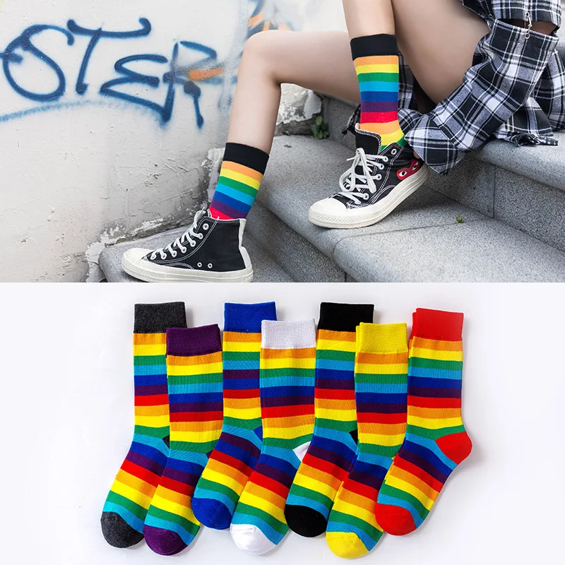 Spring fancy rainbow stripe pride women crew slouch socks young ladies girls couple ankle cotton socks