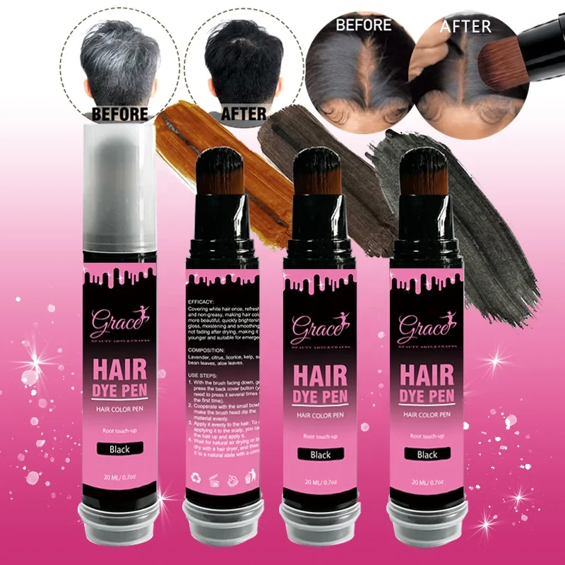 Private Label Semi-permanent Hair Dye Pen Touch Up Root Concealer Correct Over Bleached Wig Knots Black Hair Dye Brush Pen