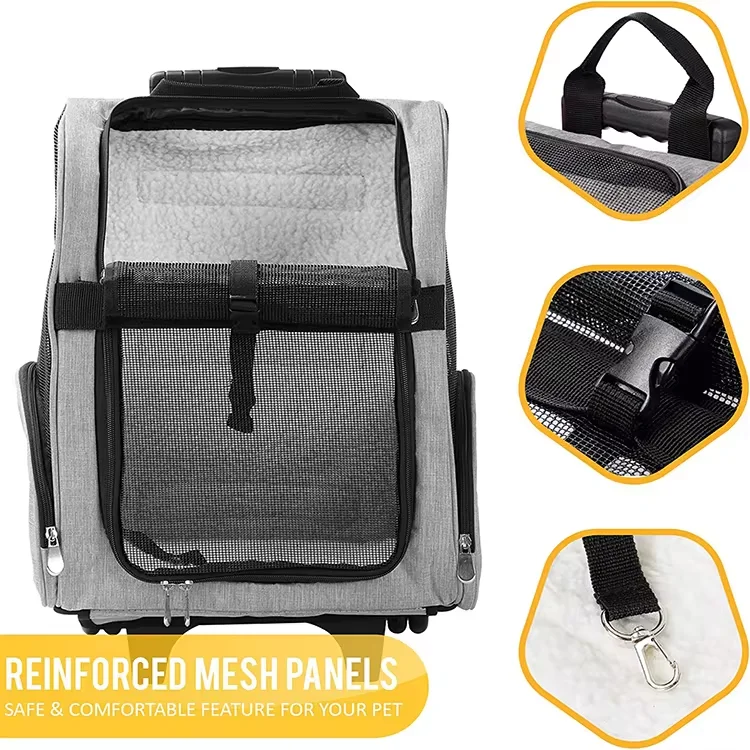 Multi-Function Breathable Mesh Polyester Gray Pet Stroller Bag With Wheels Approved by Airlines