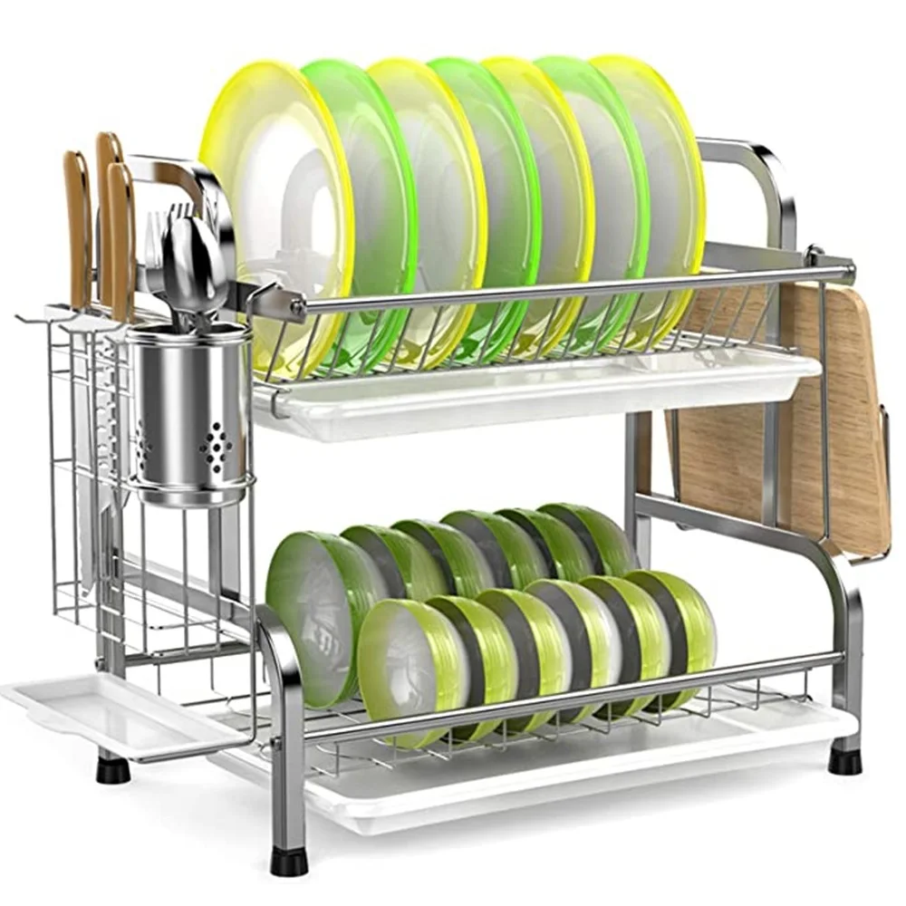 2 Layer Stainless Steel Kitchen Dish Cup Bowl Cups Spoon Storage Drying Rack Drainer Dryer Tray Cutlery Holder Organizer