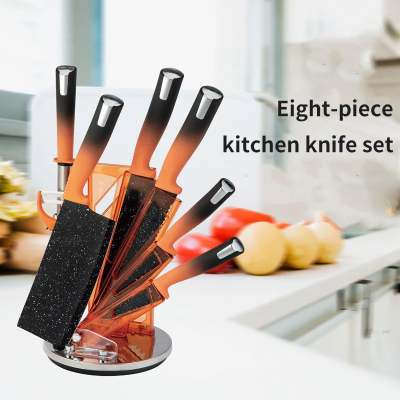 Wholesale kitchen knife set 8-piece promotional gifts stainless steel utility chef knife with holder stand and sharpener