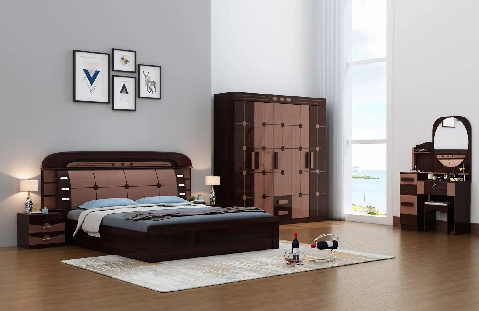 high glossy painting bedroom furniture set king size led  light and storage box bedroom sets 1.8m melamine bedroom furniture