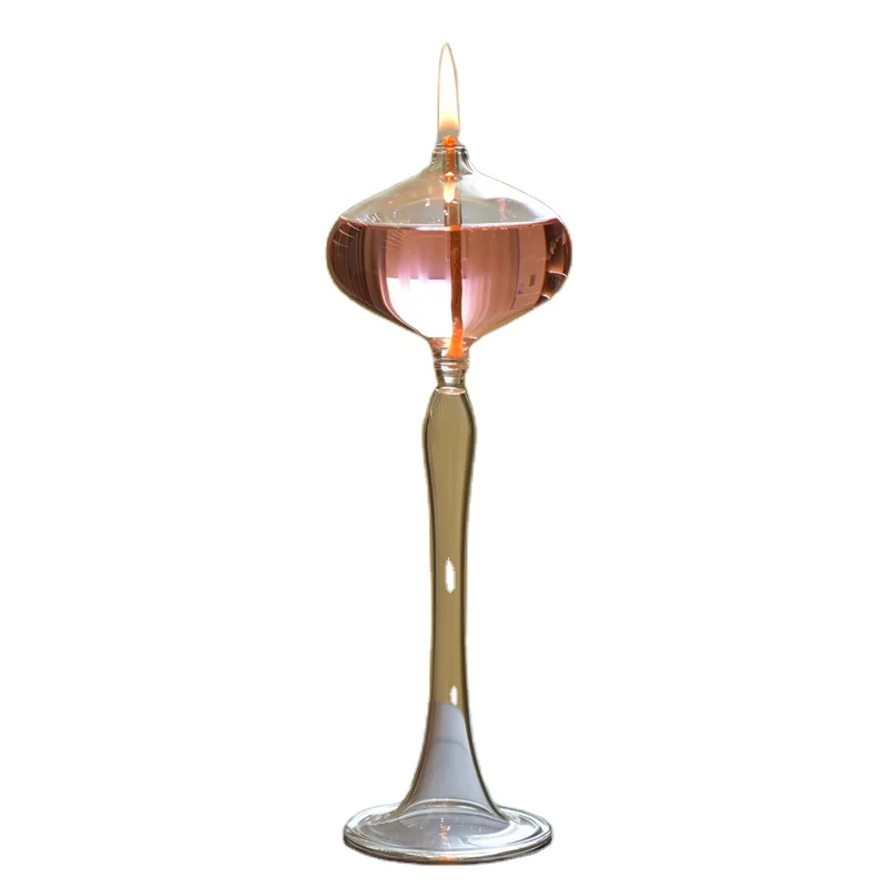 Hand Blown Decorative Tall Stemmed Clear Borosilicate Glass Oil Candle Chimney Lamp with Wicks Oil Burner