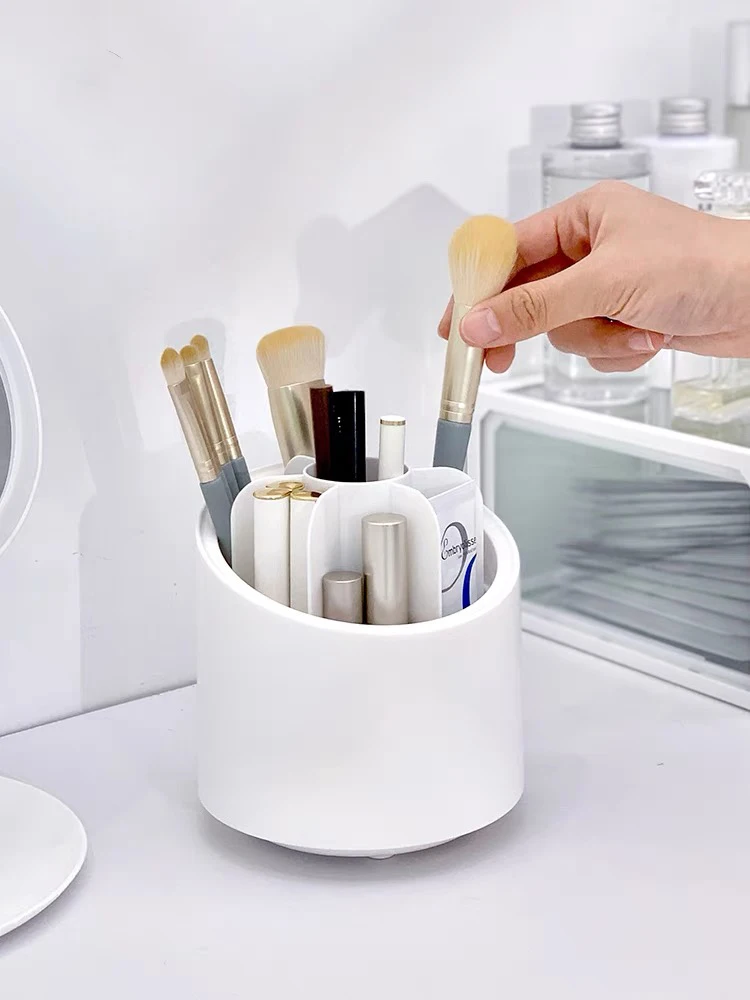 desktop cosmetic organizer container rotating makeup brush storage holder with clear lid