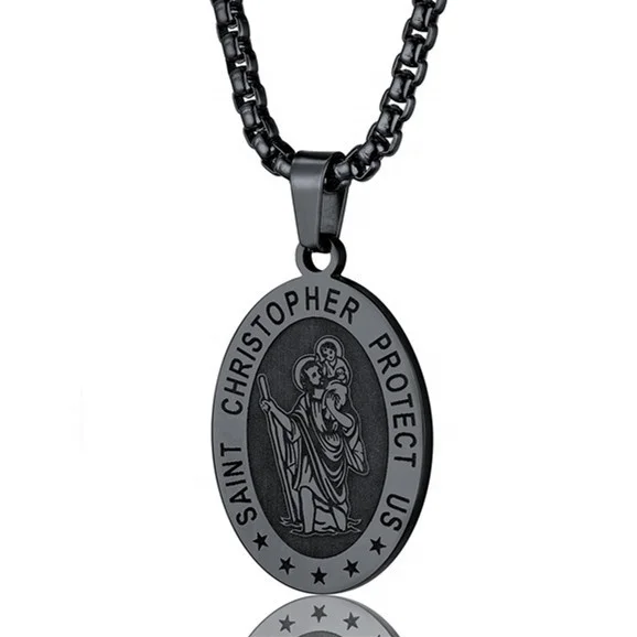Saint Christopher Protect Jewelry Silver Gold Black Stainless Steel Medal Pendant Men Necklace