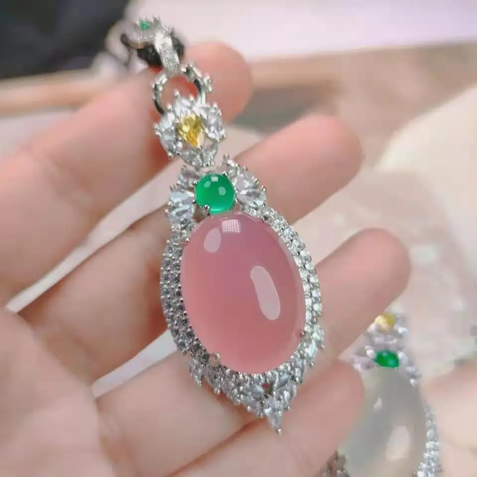 Certified Chalcedony  Chalcedony Necklace S925 Silver Inlaid Chalcedony Large Egg Surface Pendant Jade Sweater Chain