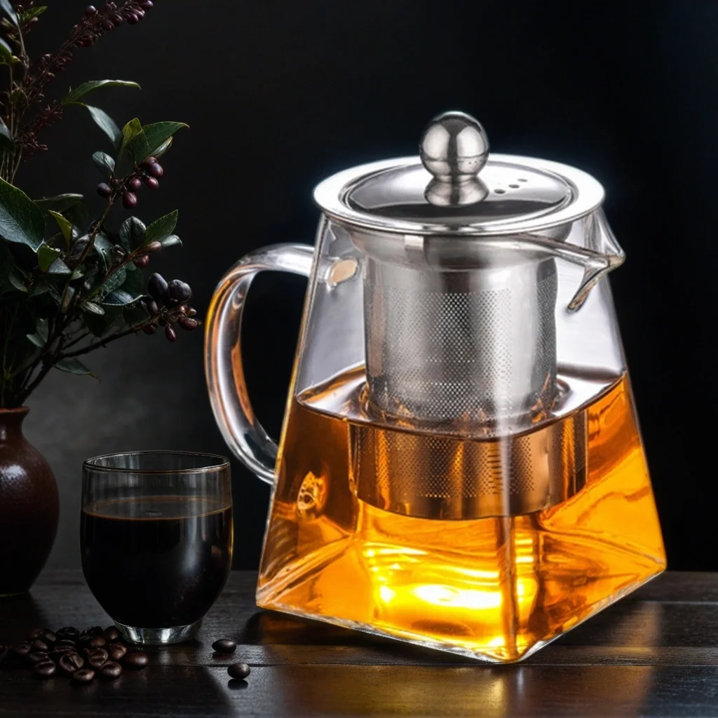 Transparent Heat Resistant Square Shape borosilicate Glass Teapot with Stainless Steel Infuser glass kettle with filter