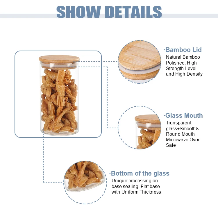 High Borosilicate Refrigerator Use Glass Spice Jar Glass Food Storage Jar With Wood Lid Bamboo Lid