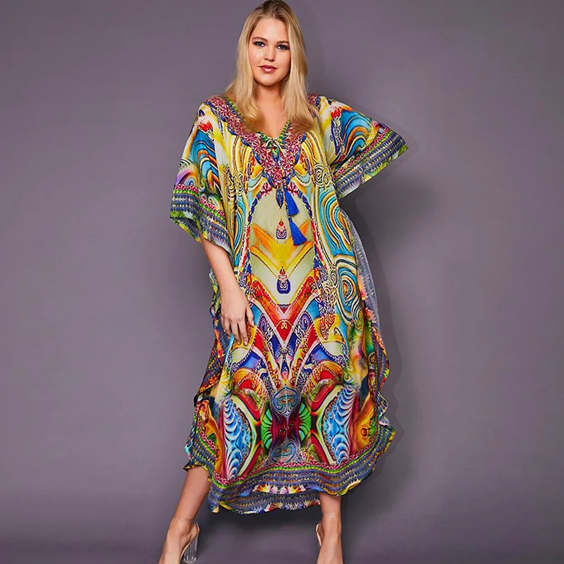 New Beautiful Tropical Print Long Stretchy Beach Kaftan Wear Dress Beach Cover Up