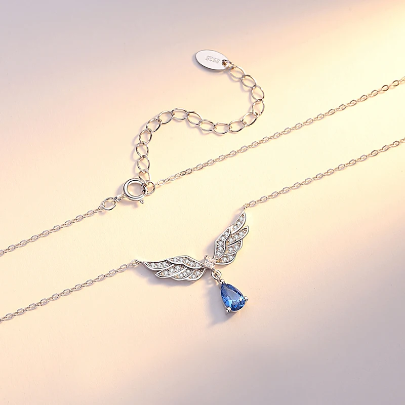 Fashion Jewelry 925 Sterling Silver Zircon Cz Water Drop Shaped Angel Wing Pendant Necklace for Women