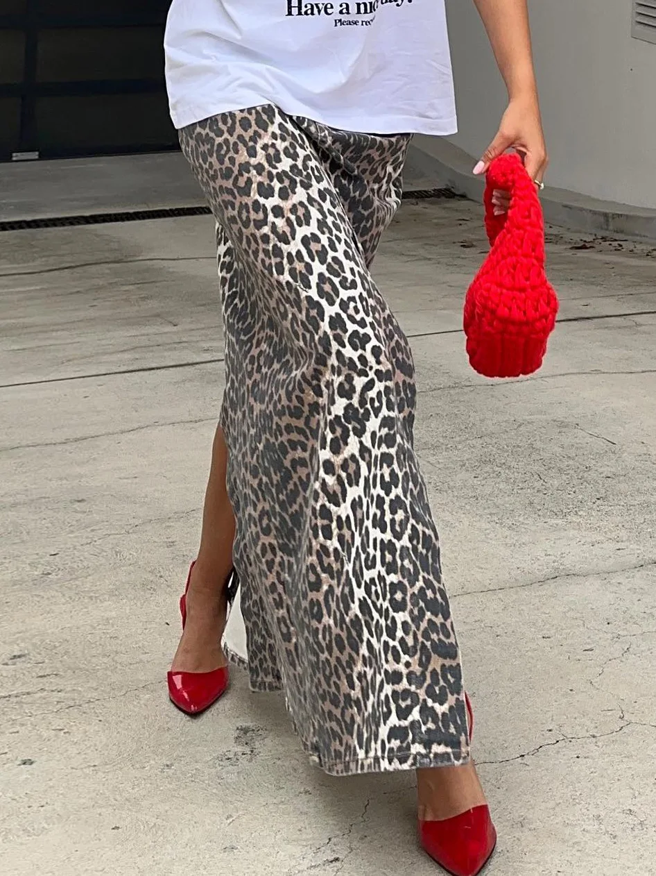 RedPeony Summer Office Split Skirt Cotton Female 2024 Street Chic High Waist Long Skirt Vintage Leopard Print Straight Skirts