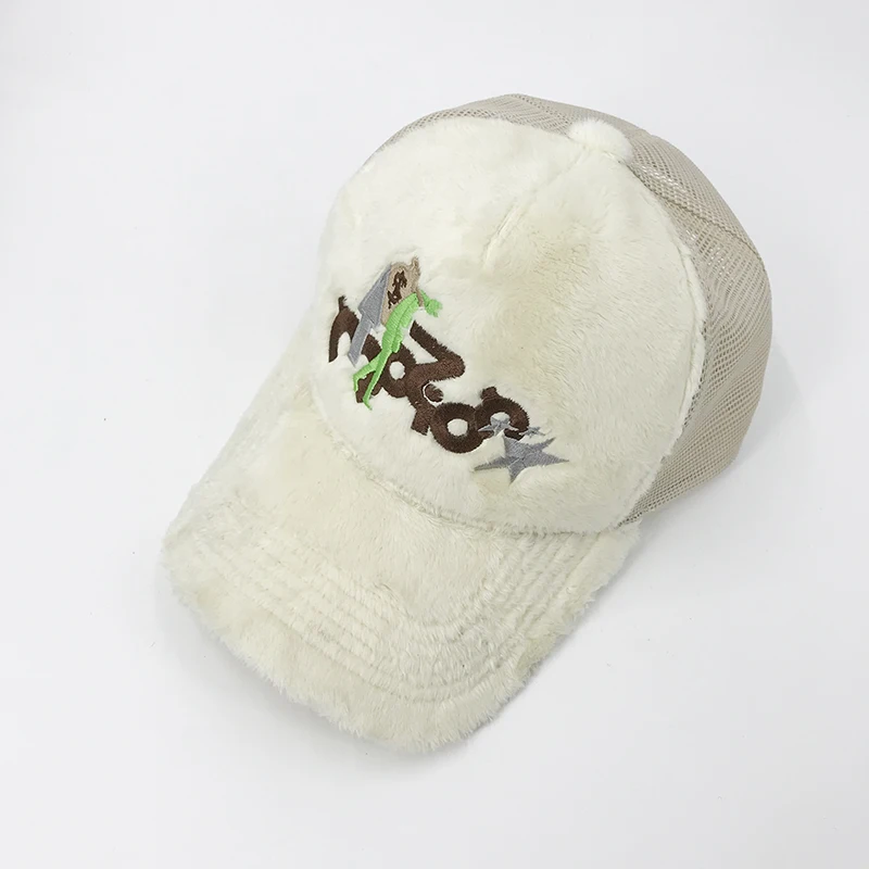Factory New Design Fur Fuzzy Velvet Trucker Cap Custom 3D Embroidery Logo A Frame Style Winter Velvet Sport Hats