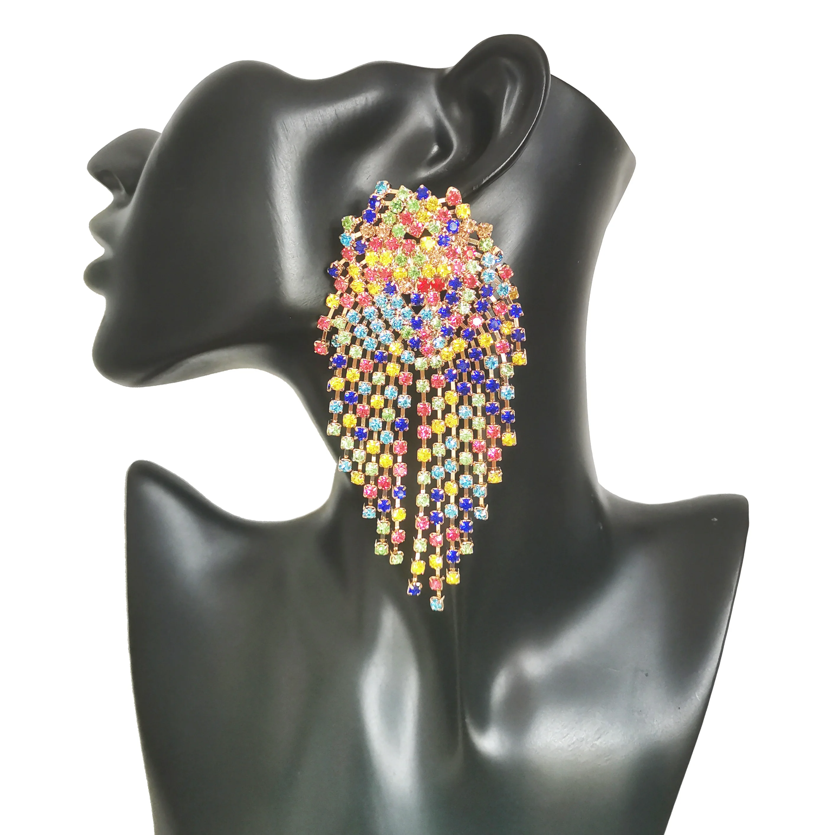 luxury rainbow crystal statement earrings chandelier rhinestone crystal fringe tassel dangle earrings big party wedding earrings