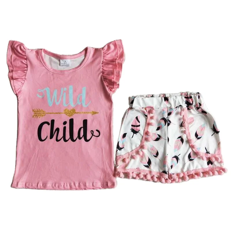 Pink Letter Flying Sleeve Top Leaf Fur Ball Shorts Suit Baby Girl Clothes