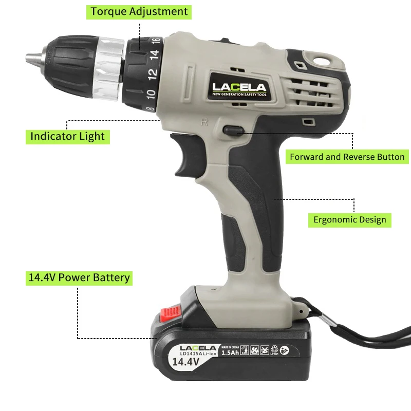 LACELA 14MM power Drill Cordless Electric Drill Power Tool 14.4V Cordless Lithium Electric Drill OEM support