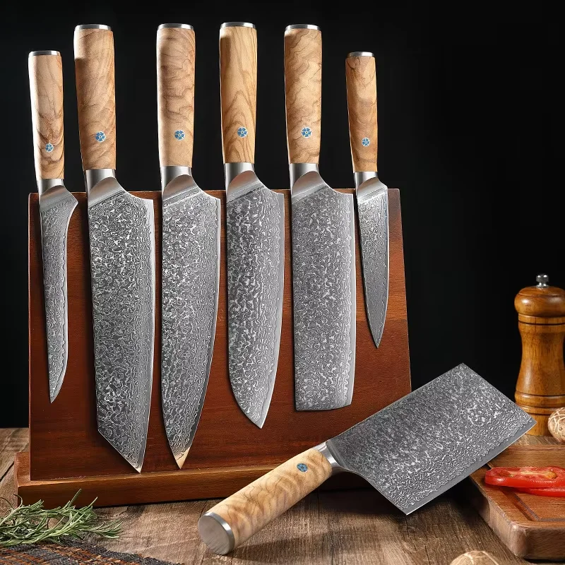 Professional 7-Piece Damascus Steel Kitchen Knife Set with Olive Wood Handle Santoku Utility Boning Chef Knife for Cooking