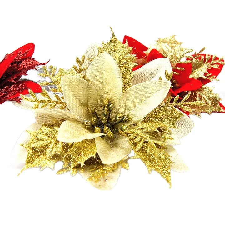 
Manufacturer Wholesale 81855 Christmas glitter velvet flowers Velvet Xmas poinsettia flowers stem with green glitter 