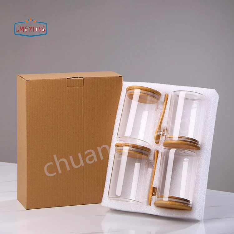 High 4pcs Quality Food Glass storage jar sets with Wooden Bamboo Lid For Kitchen Spice,Sugar,Candy