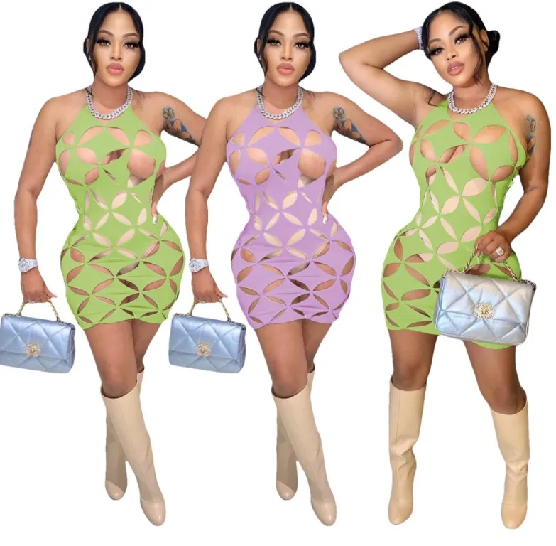 2022 wholesale summer dresses simple  Sexy mesh perspective cut out hollow out sleeveless vest dress