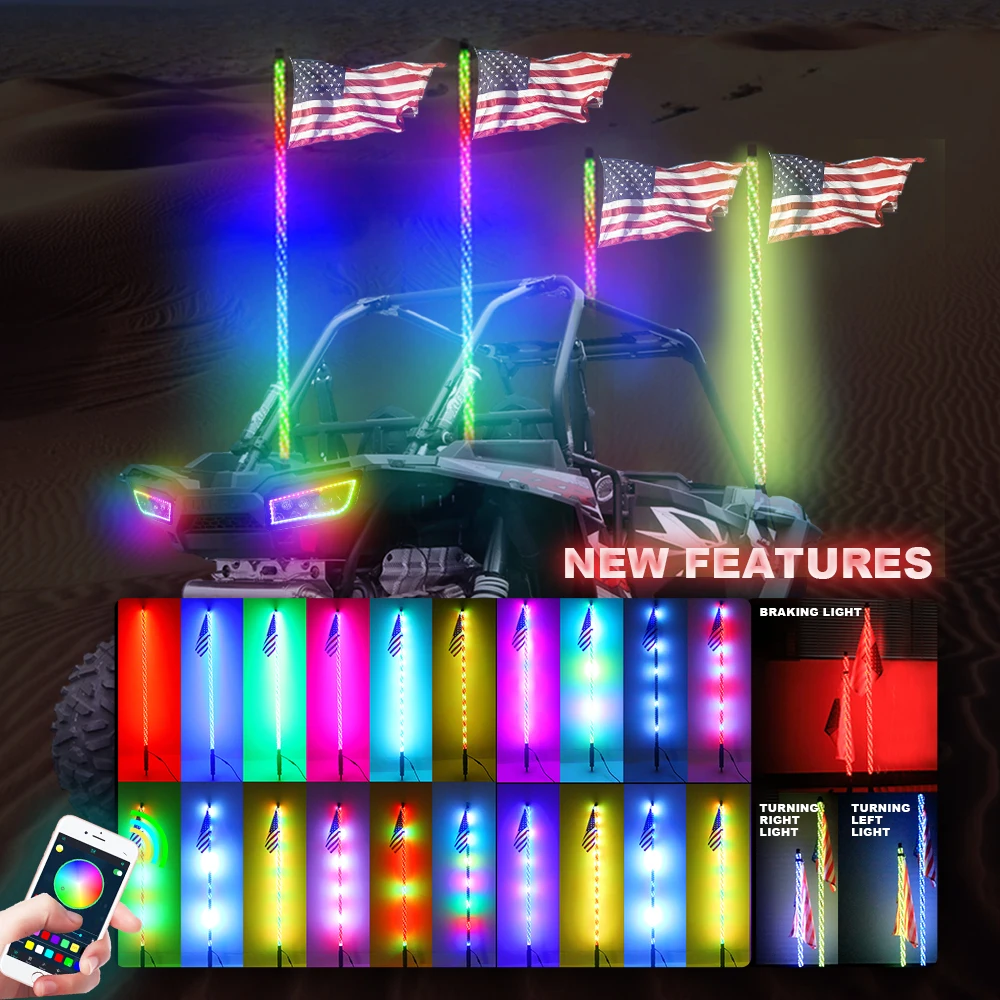 Super Brightest 5Ft 4Ft Dancing Chasing Led Light Whip Rf Wireless Remote App Control Car Lights For Atv Utv Rzr Truck
