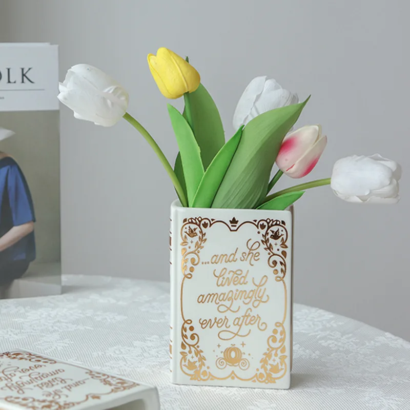 Luxury Nordic Home Hotel Decorative White and Gold Ceramic Book Shaped Flower Vase Pen holder for Office