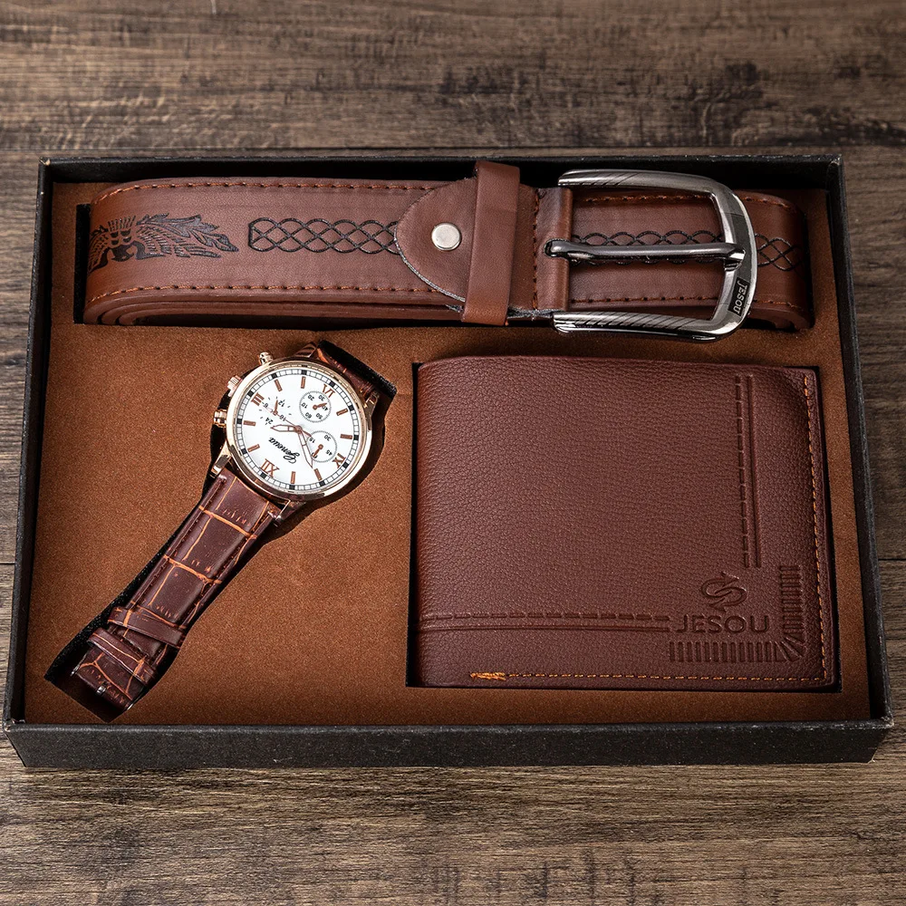 High quality birthday father gift business pu wallet gift watch purse belt three-piece set gift box custom men watch set for men