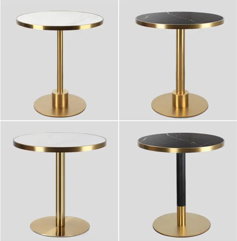 Elegant restaurant cafe shop use luxury marble slate top stainless steel round gold edge frame dining table set
