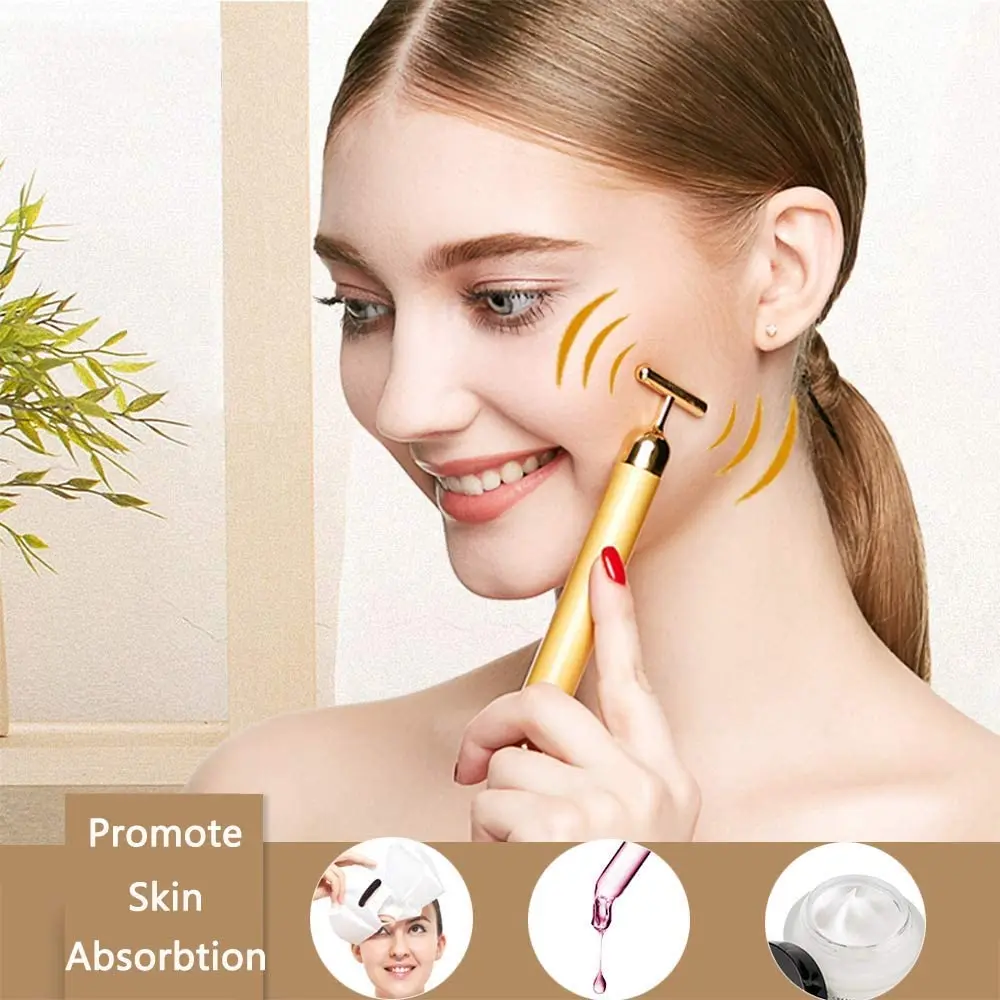OEM Energy Beauty Bar 24K Gold Vibrating Pulse Facial Massager Electric Golden Firming Skin Care V Face T Shape Vibrator