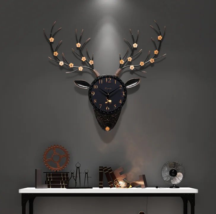 Nordic deer head wall clock living room home fashion personality wall clock modern atmosphere decoration mute clock