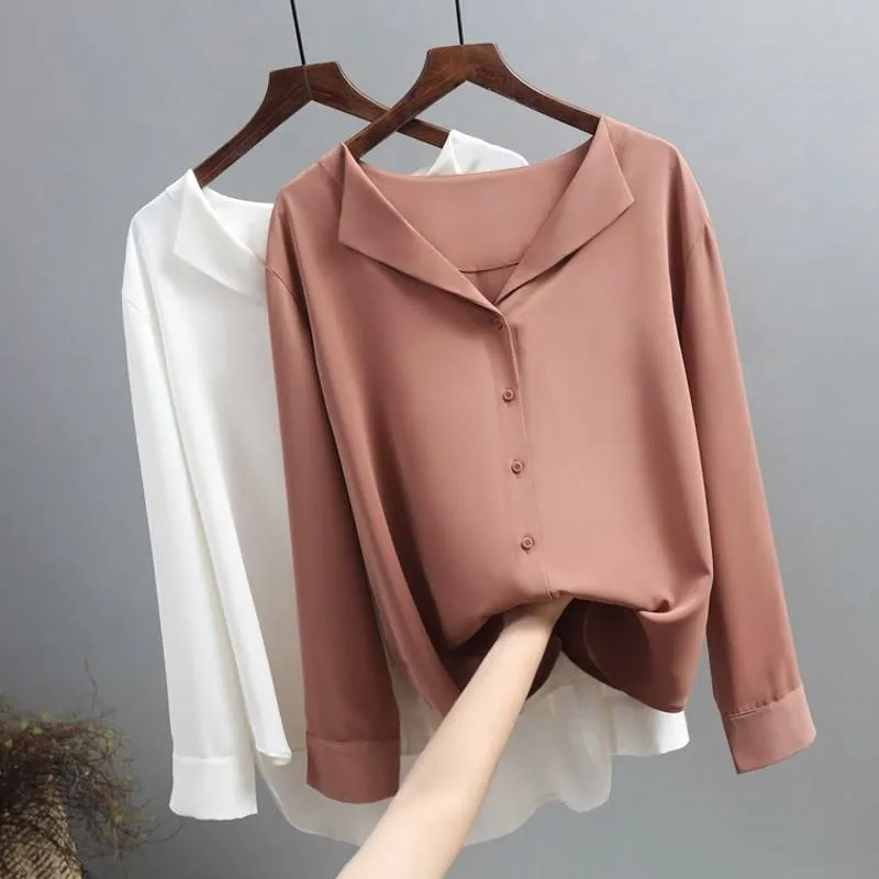 Casual Solid Female Shirts Outwear Tops 2021 Spring New Women Chiffon Blouse Office Lady V-neck Button Loose Clothing