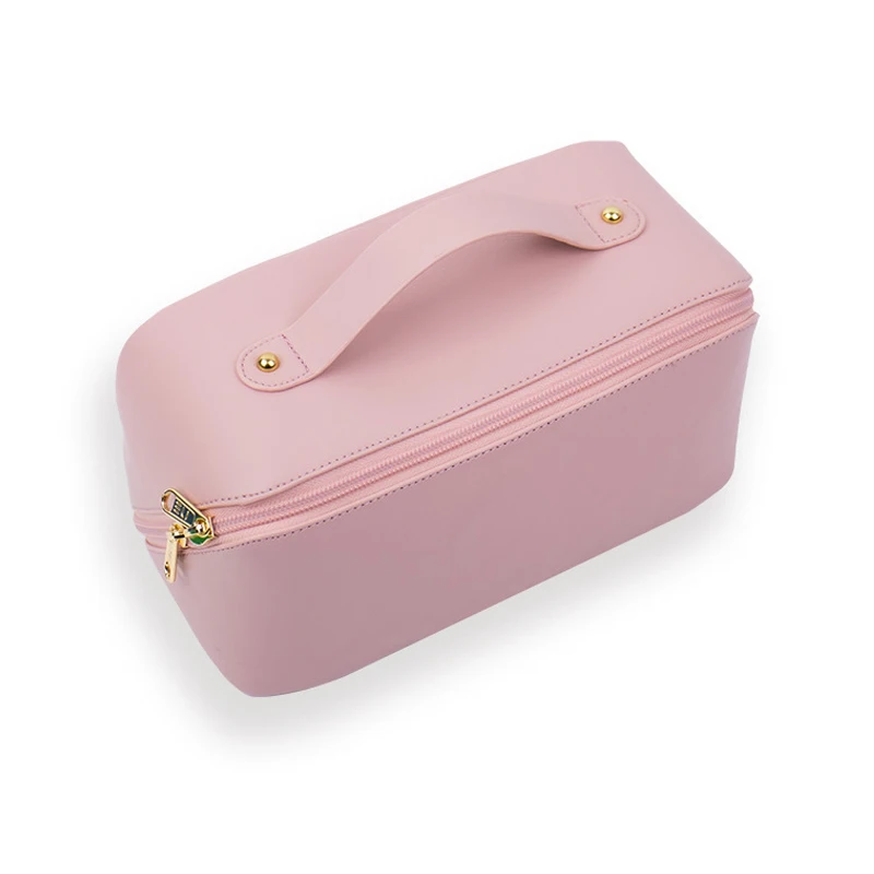 Cosmetic Travel Bag Cases Wholesale Travel Toiletry Bag Made of PU Leather Lay Flat Makeup Bag with Handle and Divider