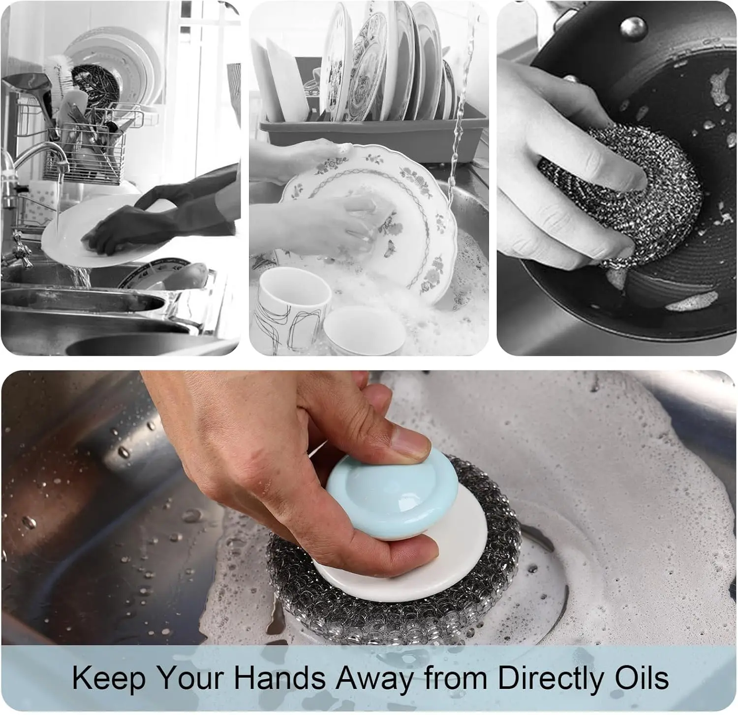 Steel Wool Scrubber Stainless Steel Scrubber with Handle Metal Sponge Scrubber for Cleaning Dishes, Pots, Pans, Grill