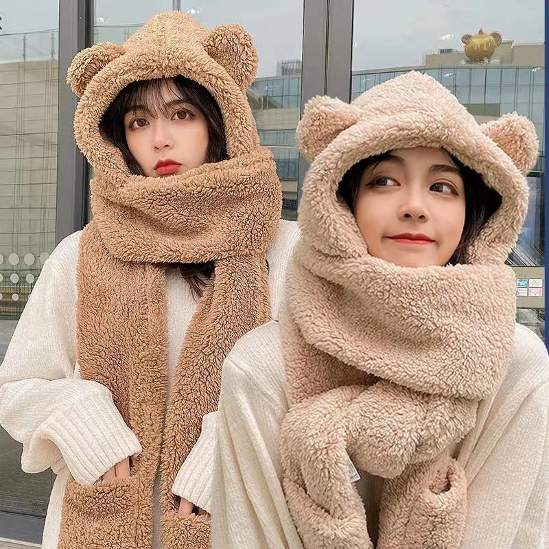 Syh965 Outdoor Winter Warm Thicken Beanie Scarf Kits Cute Bear Ear Fuzzy Fluppy Hat Women Kids Fur Hat Scarf Gloves Set