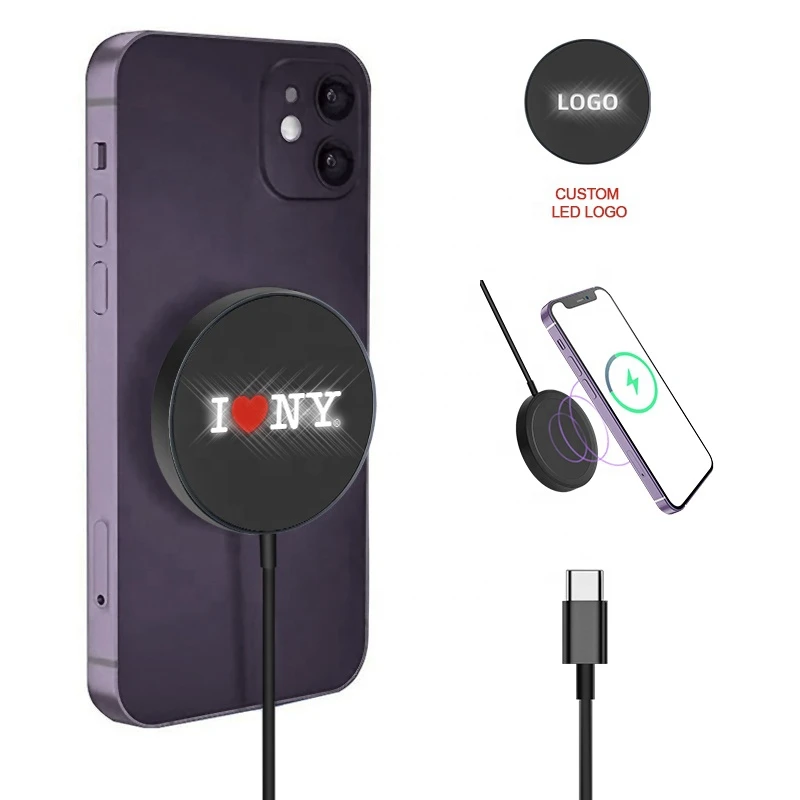 Kemier portable small mini dock custom led light up lamp logo mobile phone pad 15W qi fast magnetic magnet wireless charger