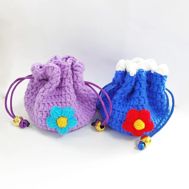 2023 new Korean style small DIY handmade knitted flower pulling storage bag woolen lipstick earphone small bag Coin wallet