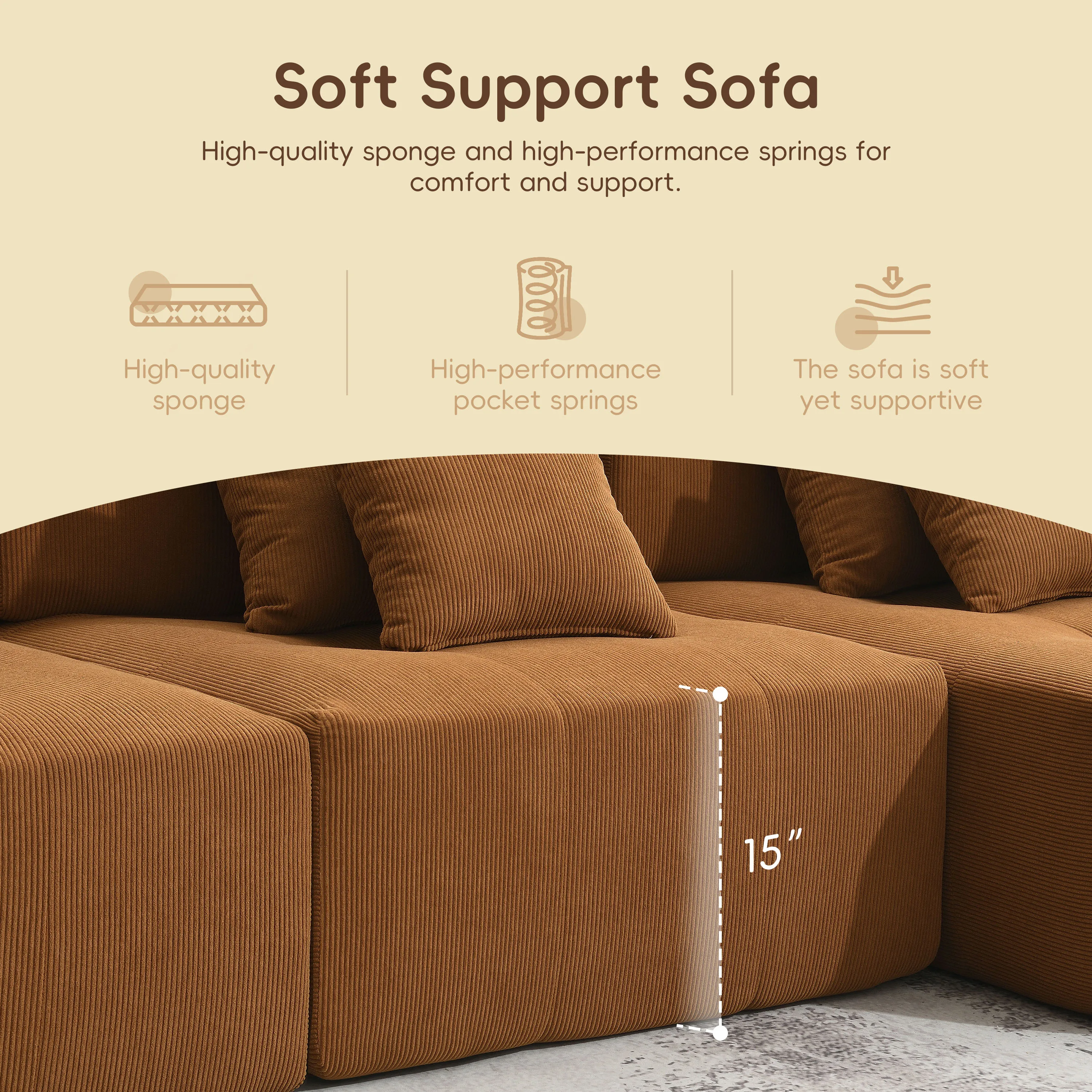 L Shaped Modular Sectional Sofa,Minimalist Corduroy Floor Couch Set,Convertible Foam-Filled Cloud Compressed for Living Room