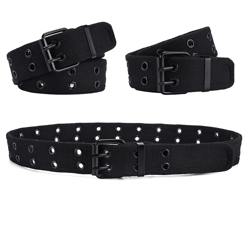 Double Grommet Belt Fabric Punk Aesthetic Belt for Women Men Casual Dark Color Pin Buckle Jeans 2 Hole Belts