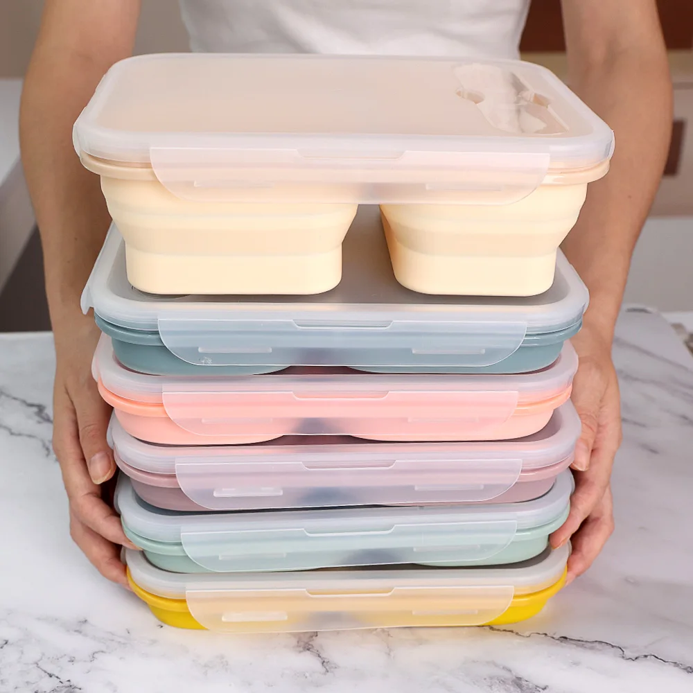 Контейнер для хранения продуктов 3 отделения герметичная портативная посудомоечная машина безопасная микроволновой печи без БПА силиконовая складная коробка завтрака