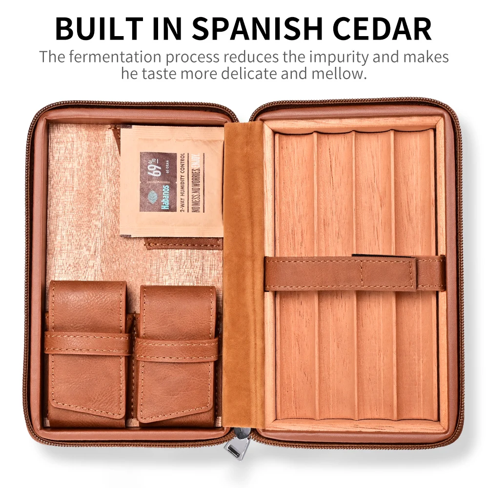 CIGARLOONG Cigar Humidor Cow Leather Set Gift Box Portable Multifunction with Cutter Lighter Drill Moisturizing
