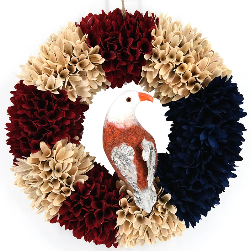 Handmade hanging door garland with decorative Eagle and colorful wood chips flower Christmas Wreath