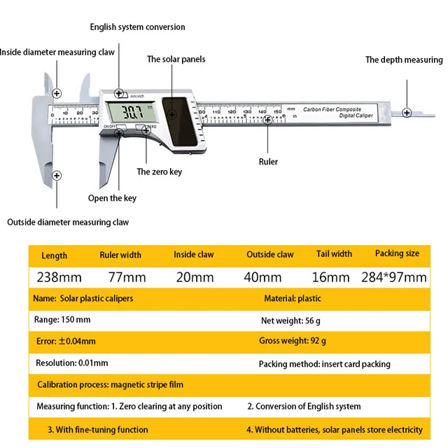 Solar plastic caliper electronic  digital display 0-150mm mini caliper play jewelry measuring vernier caliper