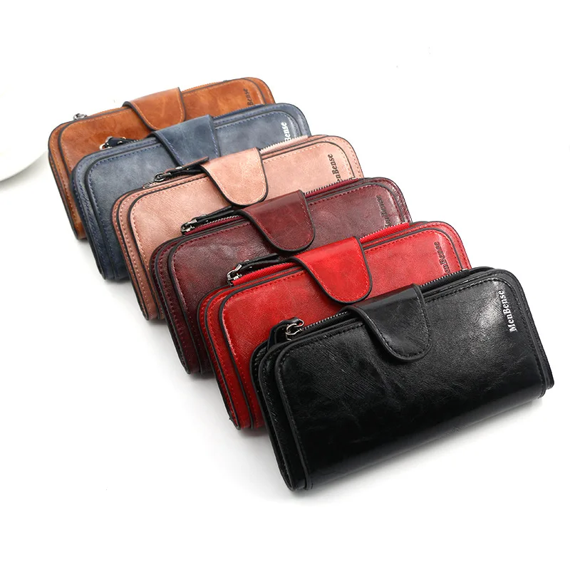 Fashion Long Simple Solid Color Oil Wax Pu Leather Sac Hasp Zipper Vintage Stone Texture Credit Card Clutch Purse Women Wallet