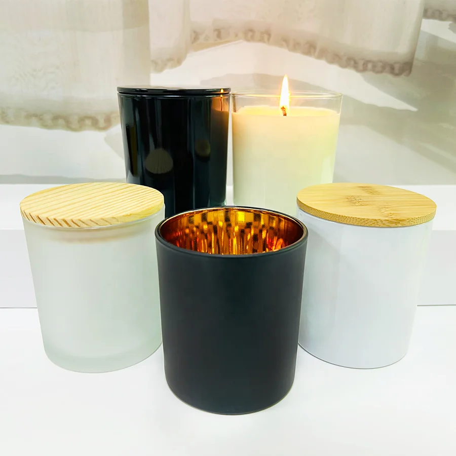 Luxury customized logo 8oz 10oz 15oz round empty glass candle jar electroplating matte white black  glass candle holder