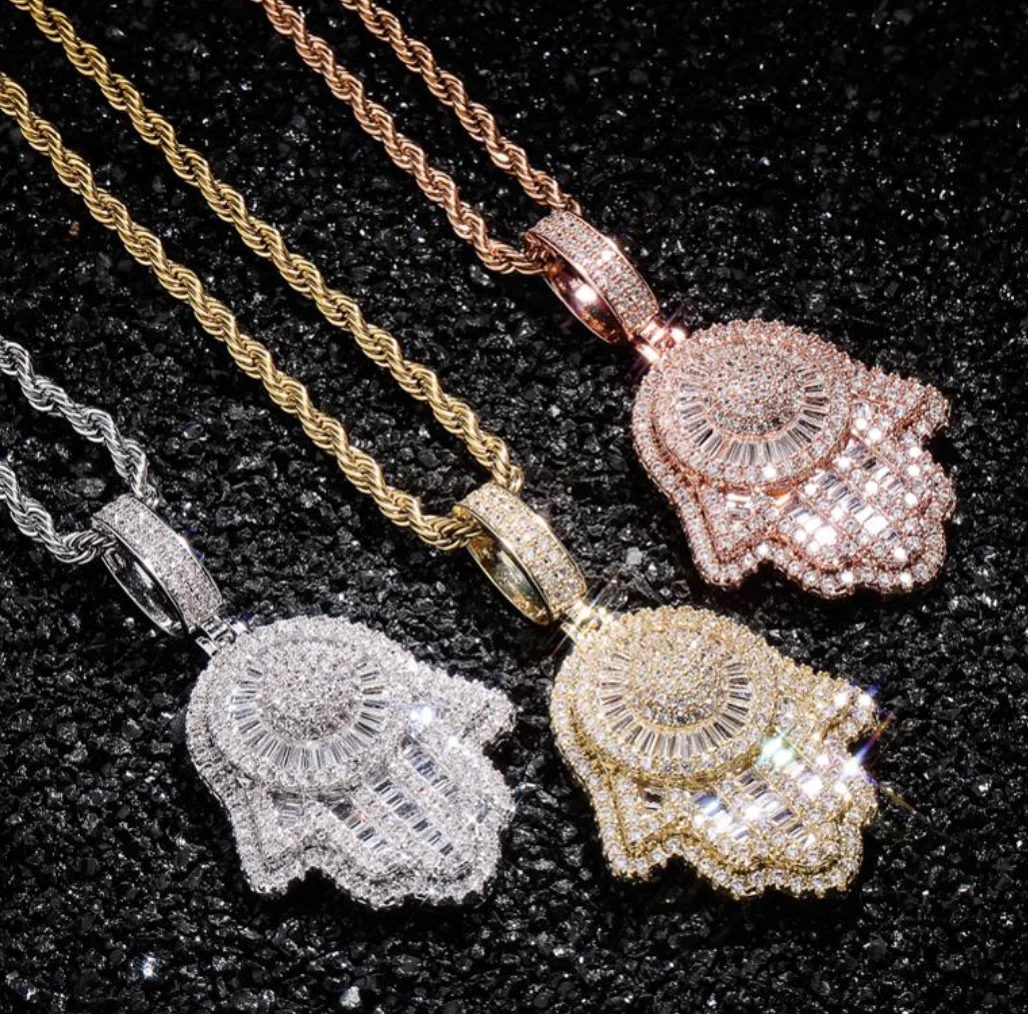 New design rose gold silver Custom Brass mico pave cz Fatima Hamsa Hand Pendant ice out luxury Hamsa Hand good luck necklace