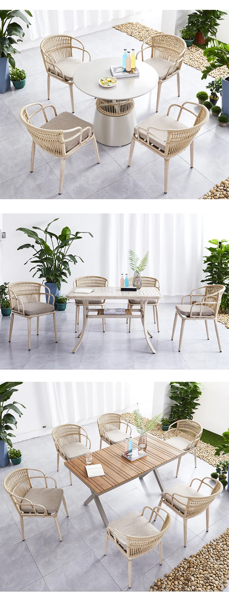 Aluminium table ivory white drawing room garden indoor funiture woven dining cuerda chair outdoor rope