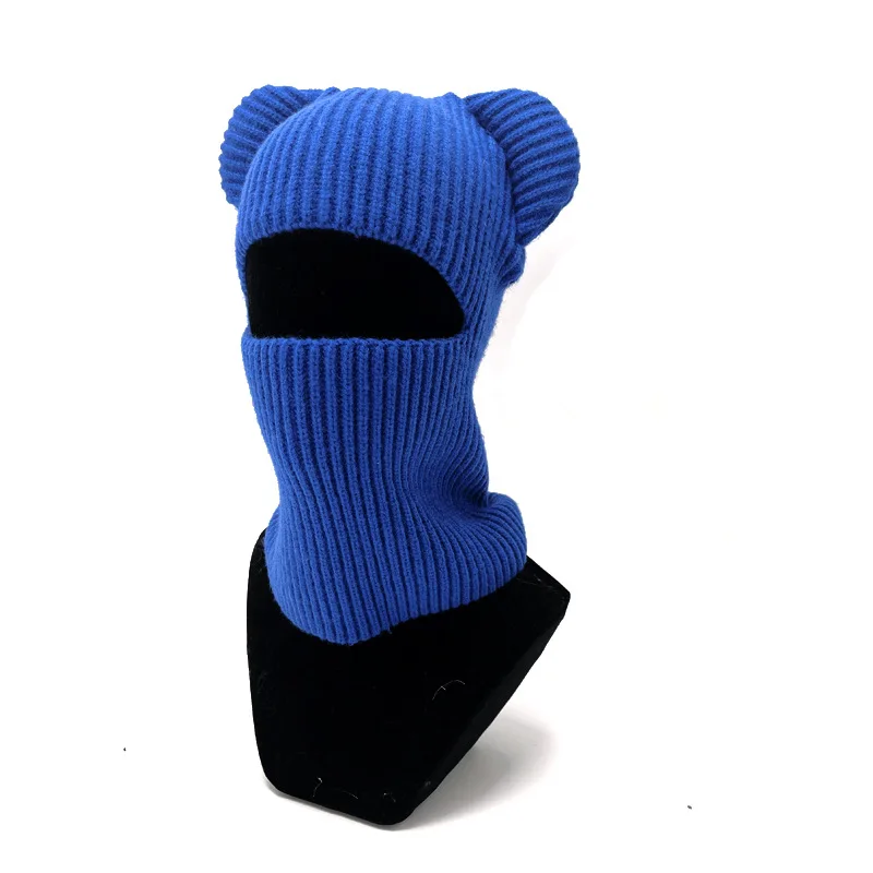 11 Colors Custom Winter Warm Thick Thermal Hood Cute Bear Ear Knitted Alpaca Wool Skull Beanie Balaclava Mask Hat With Bear Ear