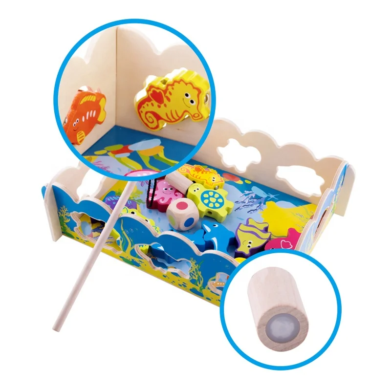 2022 Baby Educational Wooden Magnetic Fishing Toys Set Fish Game assemble fishing pond