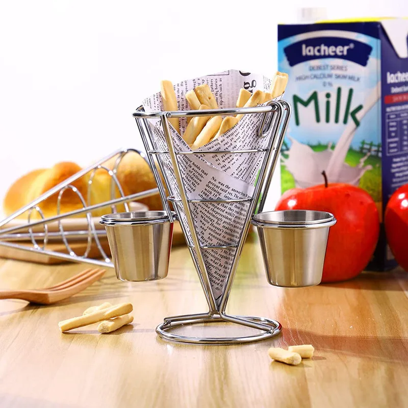 Metal Wire Kitchen Accessories French Fries Stand with Sauce Dippers Potato Chips Snack Holder Colanders & Strainers